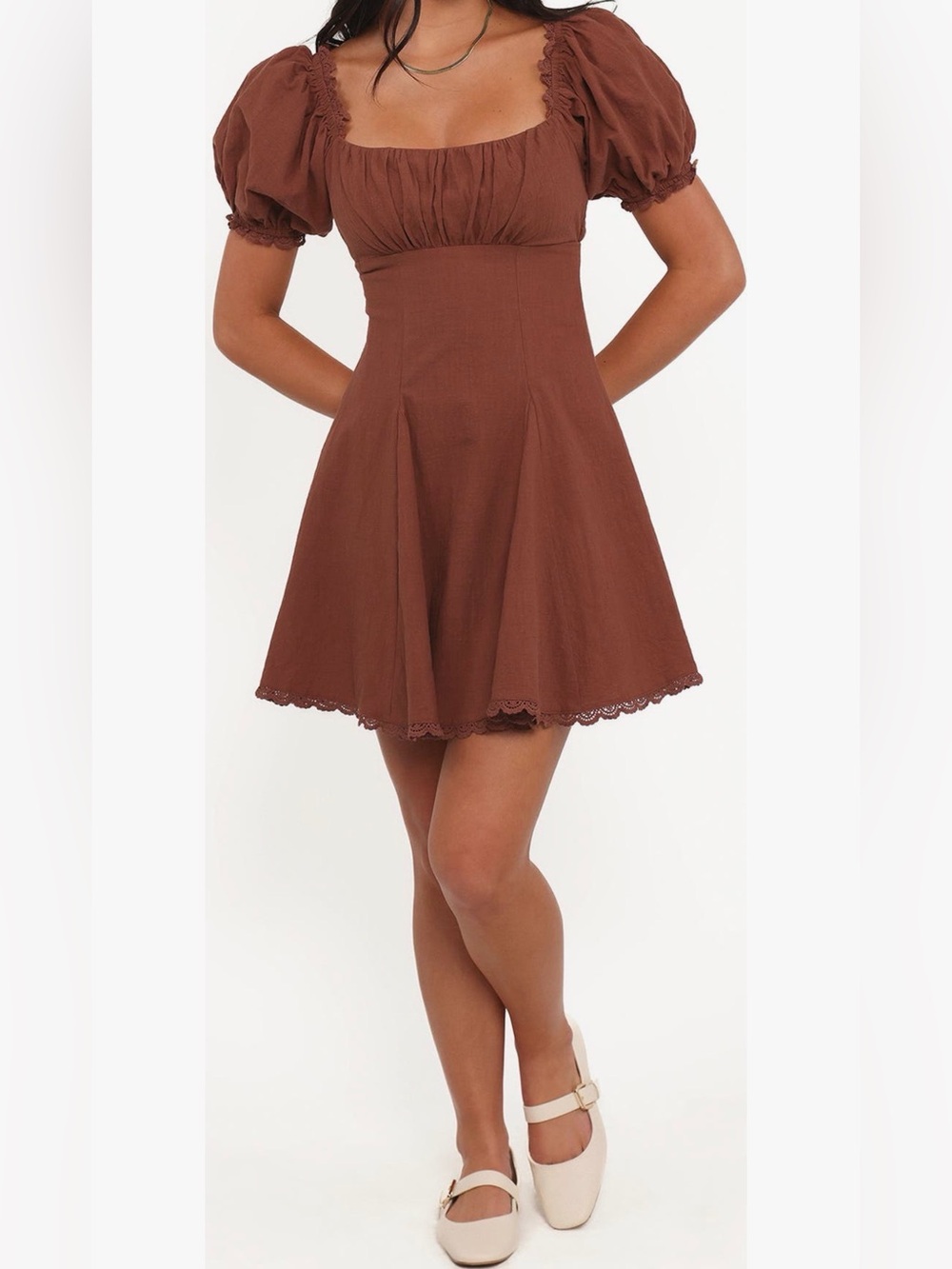 Petal & Pup NWT Brown Puff Sleeve Lace Trim Mini Dress Size 6